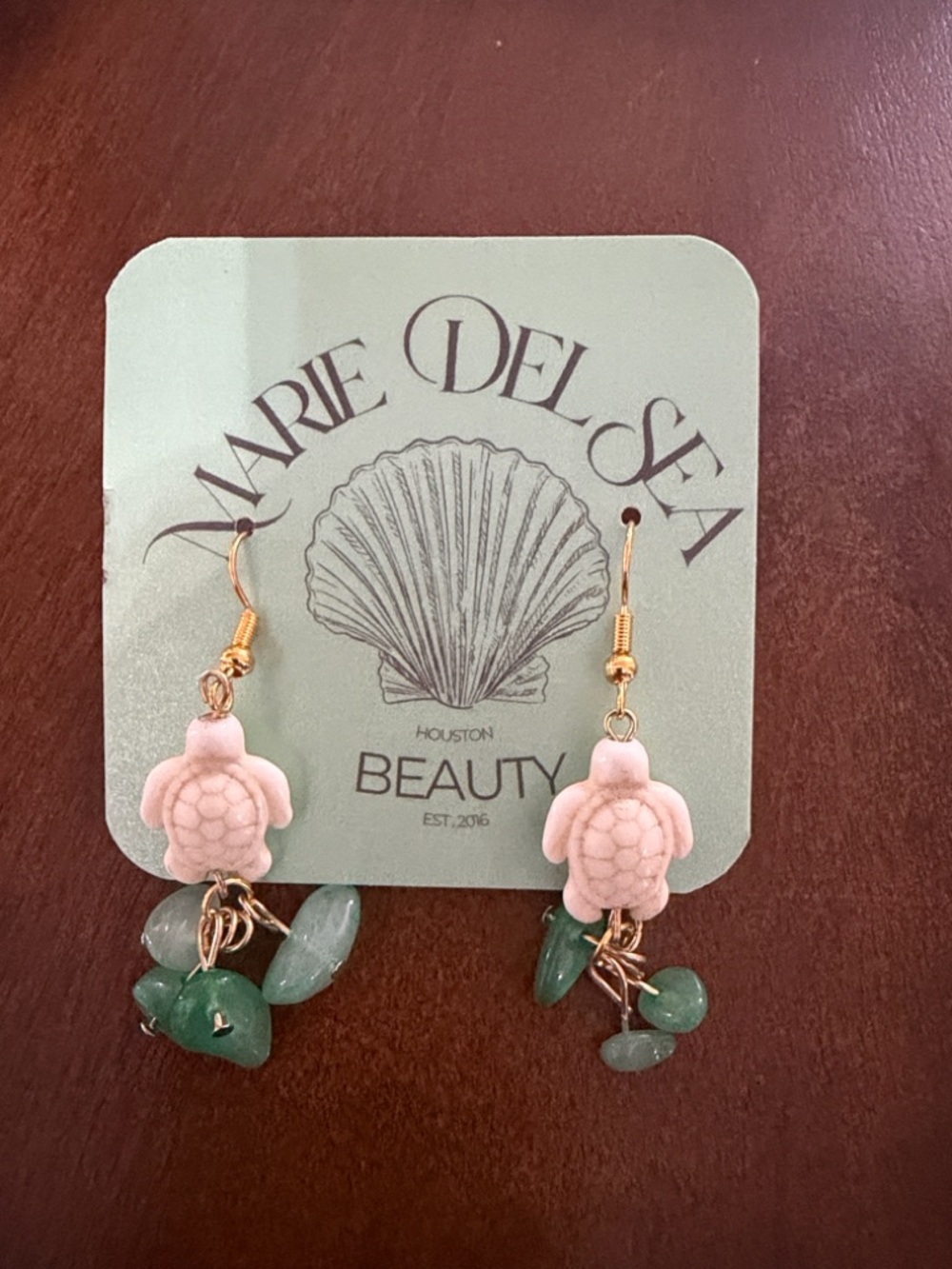 Marie Del Sea Pink Turtle & Green Stone Drop Earrings